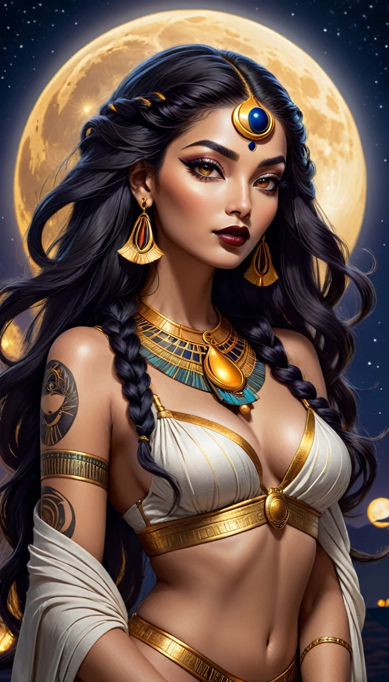 Goddess Egyptian, having very long knots hair, tattoo, patchwork clothes, , photorealistic theme , lovely face, perfect body, dark lips, , golden flaming, WLOP, breathtaking, moonlight, moon night background