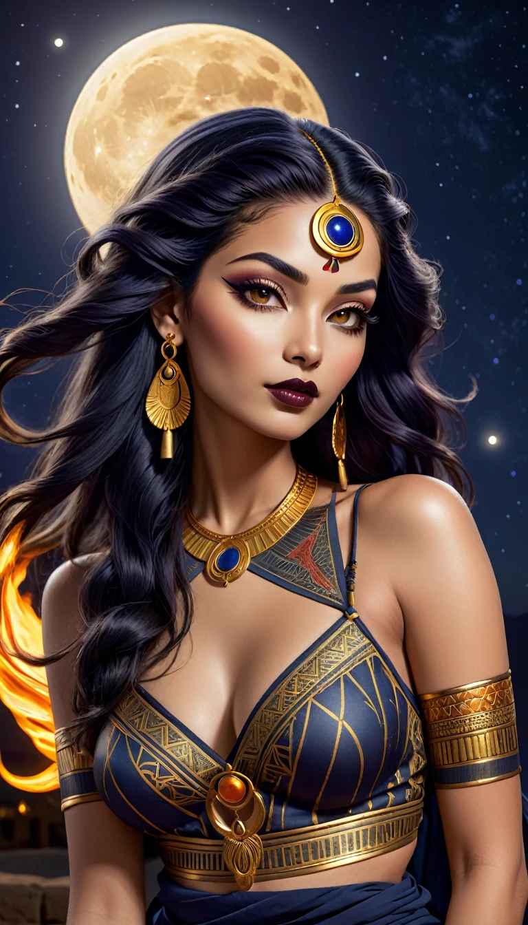 Goddess Egyptian, having very long knots hair,  tattoo,  patchwork clothes, , photorealistic theme , lovely face, perfect body, dark lips,  ,  golden flaming,  WLOP,  breathtaking,  moonlight, moon night background