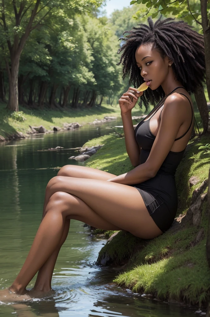 Draw a black woman BITING a free with a tree in the background and a calm stream without being realistic