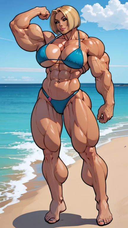 full body view, cute lovely 40 yo woman, short blonde bob haircut, stylish tiny micro bikini, free midriff, strong well defined muscle, bulky powerful bodybuilder physique, perfect and flawless musculature, great muscle definition, perfect six-pack abs, massive muscular thighs, soft feminine curves