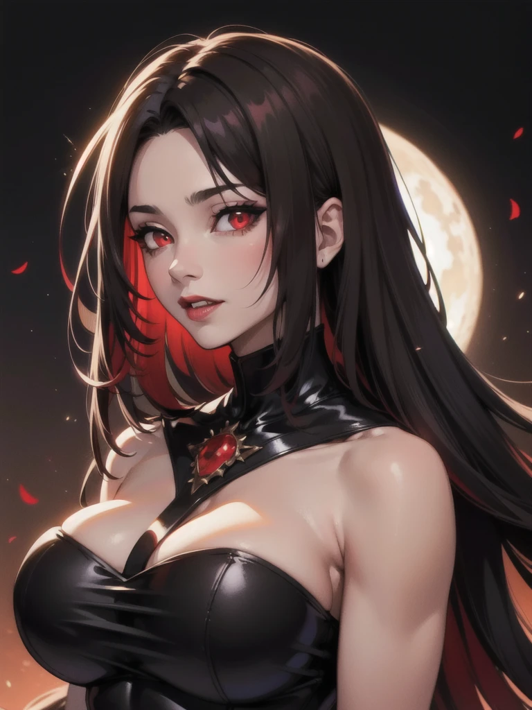 1girl, beautiful, vampire goddess, brunette very long hair, red eyes, wearing a sexy red and black dress, ultrasharp, looking at the viewer, ((best quality)), ((masterpiece)), (detailed), perfect face, big breast, sexy pose, sexy body, a black horse with red mane,
