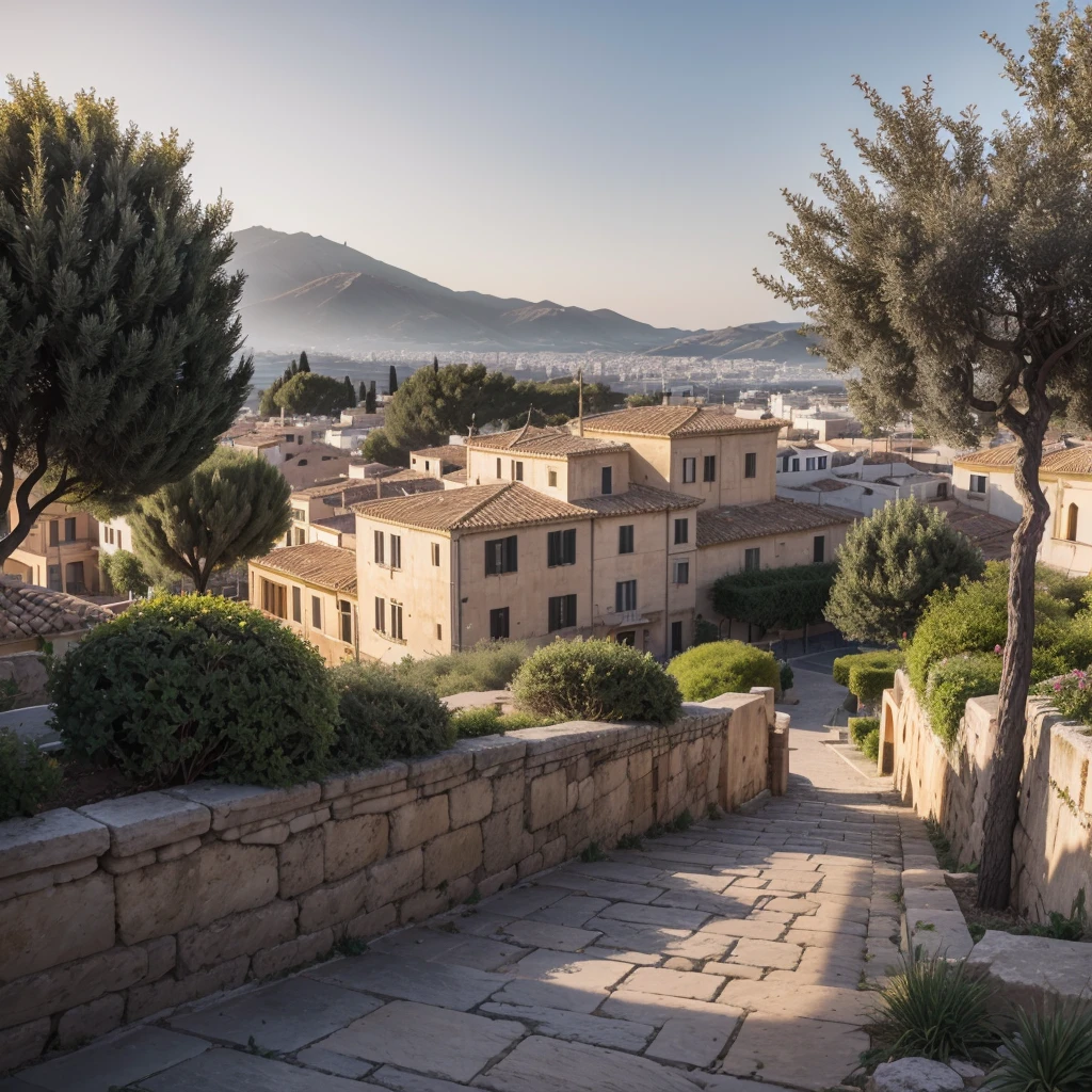 Imagine a panoramic view of an ancient Greek city at sunset. The buildings are made of light-colored stone, reflecting the day's last rays of sunlight, with terracotta roofs beautifully contrasting against the orange sky. In the city's center, a majestic temple with Doric columns stands out, symbolizing the solidity and durability of Stoic teachings. Narrow, winding streets, paved with uneven stones, snake between simple yet elegant houses. Small gardens and inner courtyards with olive trees and vines add a touch of nature to the urban scene.Near the temple, a bustling agora is full of citizens discussing philosophical ideas and daily practices, reflecting the dynamic and vibrant interaction of the community. On the horizon, hills covered in vegetation rise, providing a natural backdrop that complements human architecture. The sunset's light bathes the city in a golden glow, creating a peaceful and introspective environment, perfect for contemplating Stoic principles.