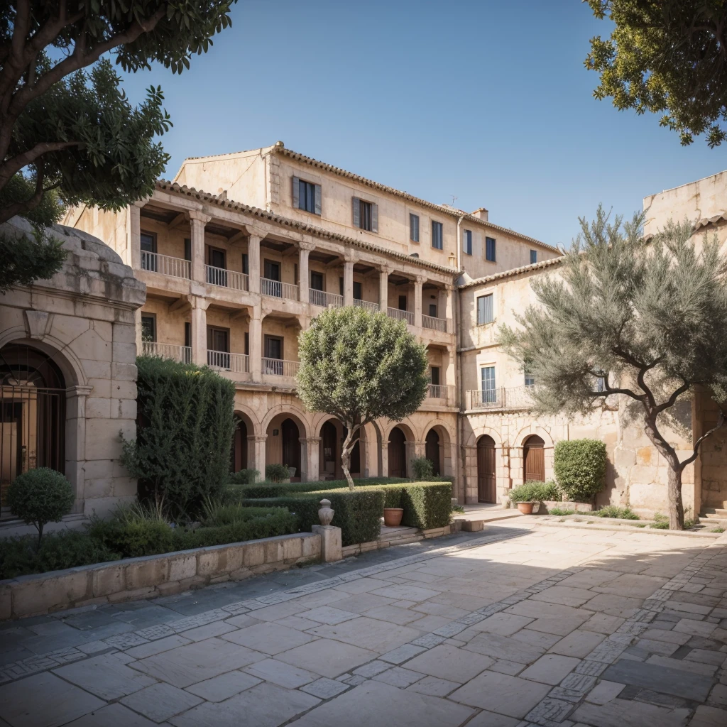 Imagine a panoramic view of an ancient Greek city at sunset. The buildings are made of light-colored stone, reflecting the day's last rays of sunlight, with terracotta roofs beautifully contrasting against the orange sky. In the city's center, a majestic temple with Doric columns stands out, symbolizing the solidity and durability of Stoic teachings. Narrow, winding streets, paved with uneven stones, snake between simple yet elegant houses. Small gardens and inner courtyards with olive trees and vines add a touch of nature to the urban scene.Near the temple, a bustling agora is full of citizens discussing philosophical ideas and daily practices, reflecting the dynamic and vibrant interaction of the community. On the horizon, hills covered in vegetation rise, providing a natural backdrop that complements human architecture. The sunset's light bathes the city in a golden glow, creating a peaceful and introspective environment, perfect for contemplating Stoic principles.