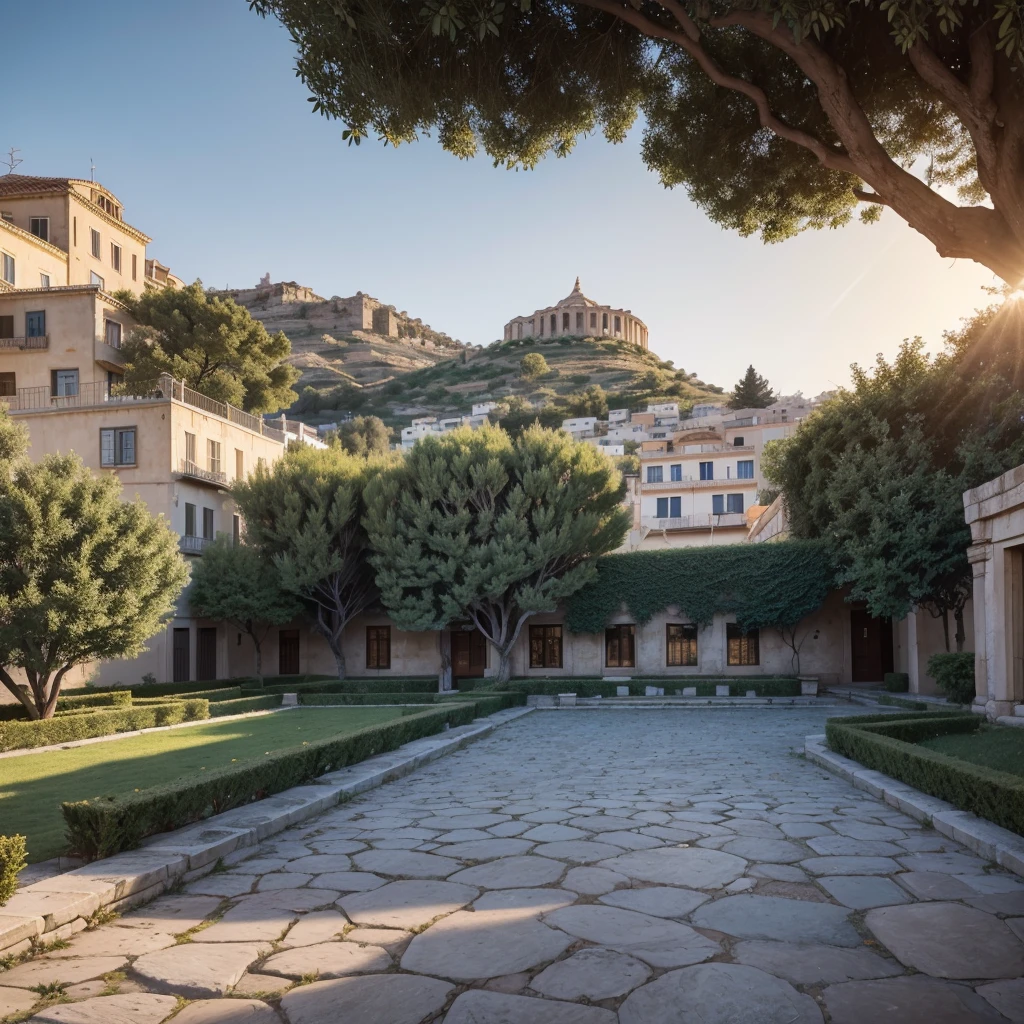 Imagine a panoramic view of an ancient Greek city at sunset. The buildings are made of light-colored stone, reflecting the day's last rays of sunlight, with terracotta roofs beautifully contrasting against the orange sky. In the city's center, a majestic temple with Doric columns stands out, symbolizing the solidity and durability of Stoic teachings. Narrow, winding streets, paved with uneven stones, snake between simple yet elegant houses. Small gardens and inner courtyards with olive trees and vines add a touch of nature to the urban scene.Near the temple, a bustling agora is full of citizens discussing philosophical ideas and daily practices, reflecting the dynamic and vibrant interaction of the community. On the horizon, hills covered in vegetation rise, providing a natural backdrop that complements human architecture. The sunset's light bathes the city in a golden glow, creating a peaceful and introspective environment, perfect for contemplating Stoic principles.