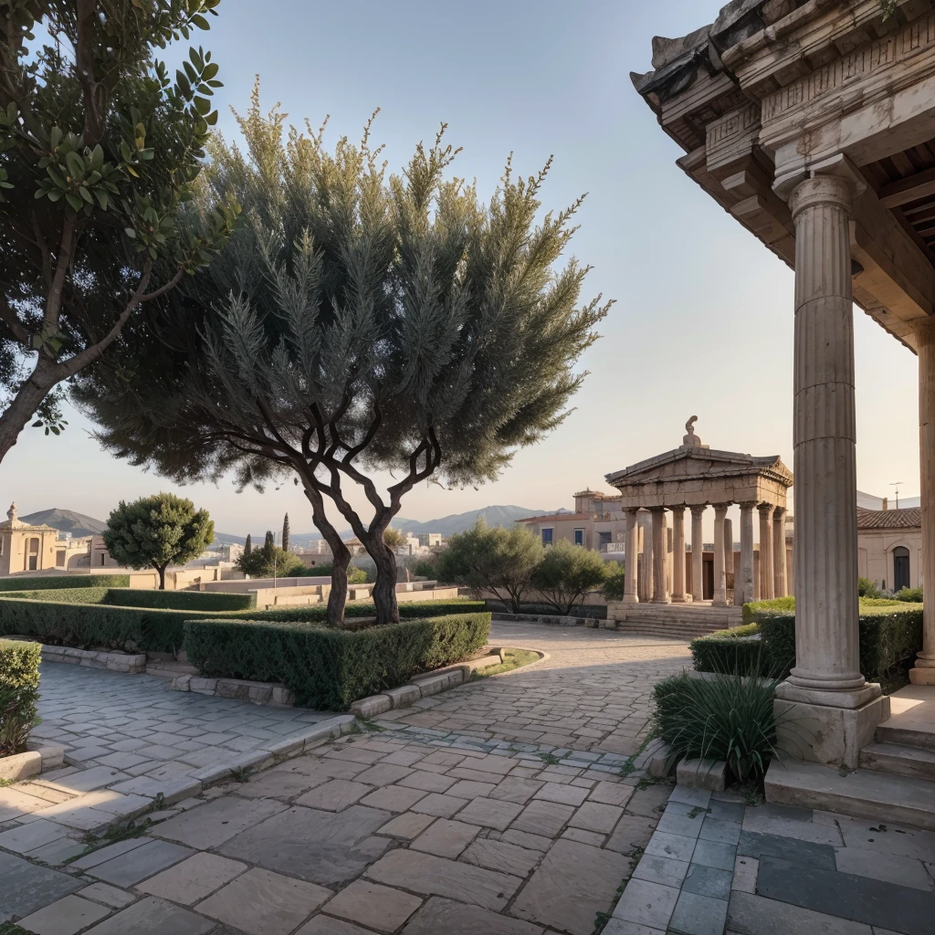 Imagine a panoramic view of an ancient Greek city at sunset. The buildings are made of light-colored stone, reflecting the day's last rays of sunlight, with terracotta roofs beautifully contrasting against the orange sky. In the city's center, a majestic temple with Doric columns stands out, symbolizing the solidity and durability of Stoic teachings. Narrow, winding streets, paved with uneven stones, snake between simple yet elegant houses. Small gardens and inner courtyards with olive trees and vines add a touch of nature to the urban scene.Near the temple, a bustling agora is full of citizens discussing philosophical ideas and daily practices, reflecting the dynamic and vibrant interaction of the community. On the horizon, hills covered in vegetation rise, providing a natural backdrop that complements human architecture. The sunset's light bathes the city in a golden glow, creating a peaceful and introspective environment, perfect for contemplating Stoic principles.