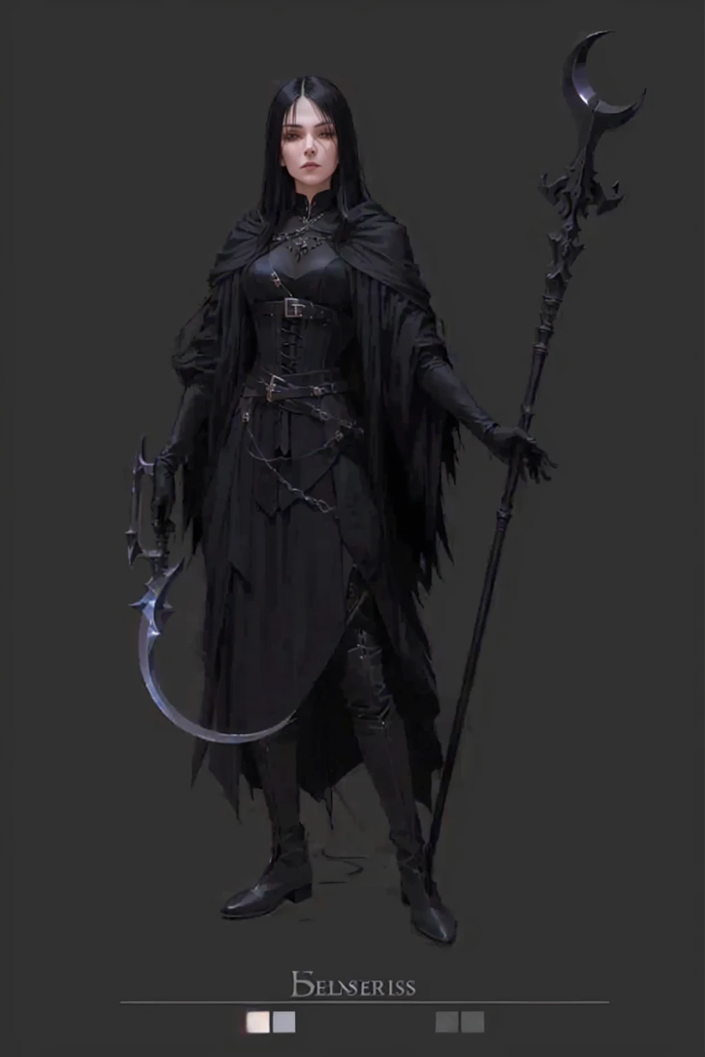 full length, thin sorceress with black hair, in medieval black neat clothes (black robe, a corset, belts, silver jewelry on the neck, high leather boots), holding a sickle in one hand, in another staff with a crescent-shaped pommel, look cute