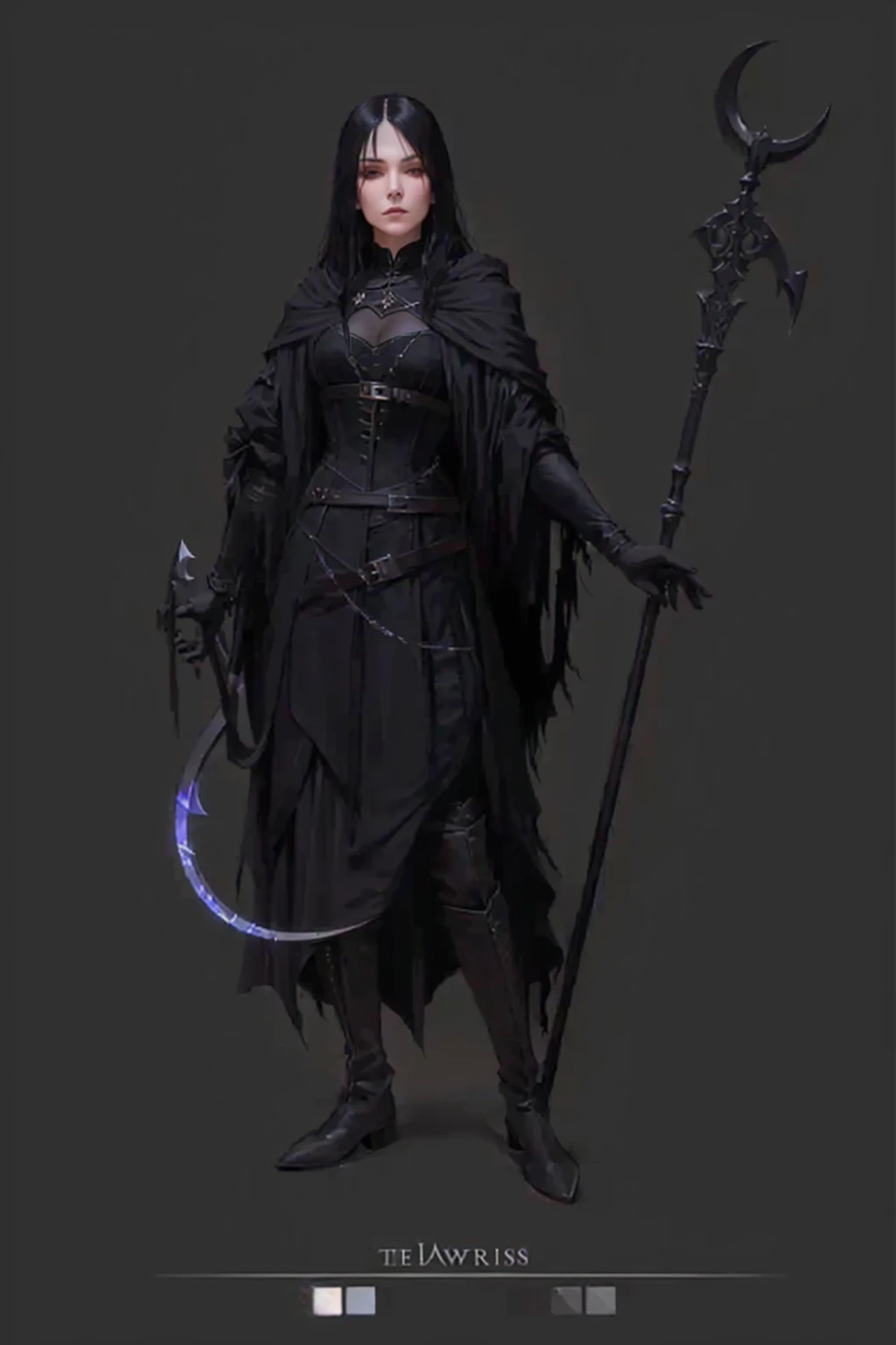 full length, thin sorceress with black hair, in medieval black neat clothes (black robe, a corset, belts, silver jewelry on the neck, high leather boots), holding a sickle in one hand, in another staff with a crescent-shaped pommel, look cute