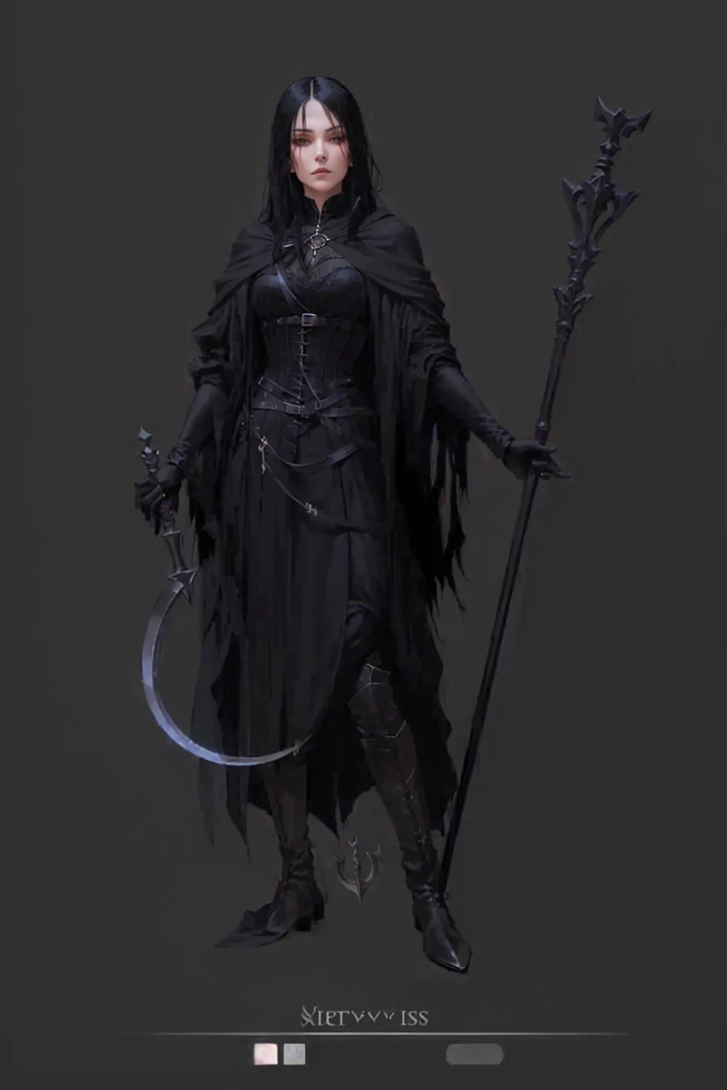 full length, thin sorceress with black hair, in medieval black neat clothes (black robe, a corset, belts, silver jewelry on the neck, high leather boots), holding a sickle in one hand, in another staff with a crescent-shaped pommel, look cute