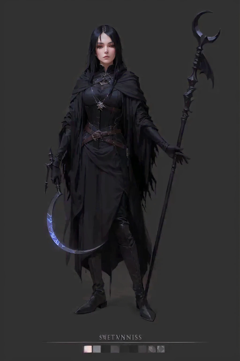 full length, thin sorceress with black hair, in medieval black neat clothes (black robe, a corset, belts, silver jewelry on the neck, high leather boots), holding a sickle in one hand, in another staff with a crescent-shaped pommel, look cute