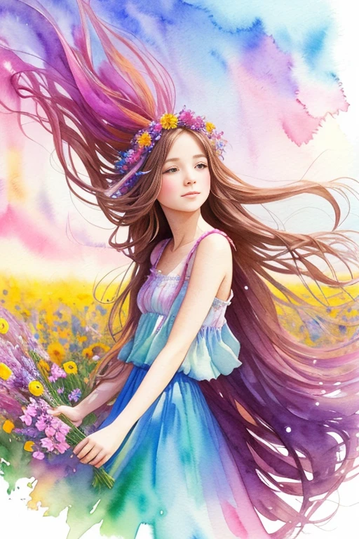 A whimsical girl with long, flowing hair made of flowers, dancing in a field of vibrant colors. Rendered in a dreamy, watercolor style.