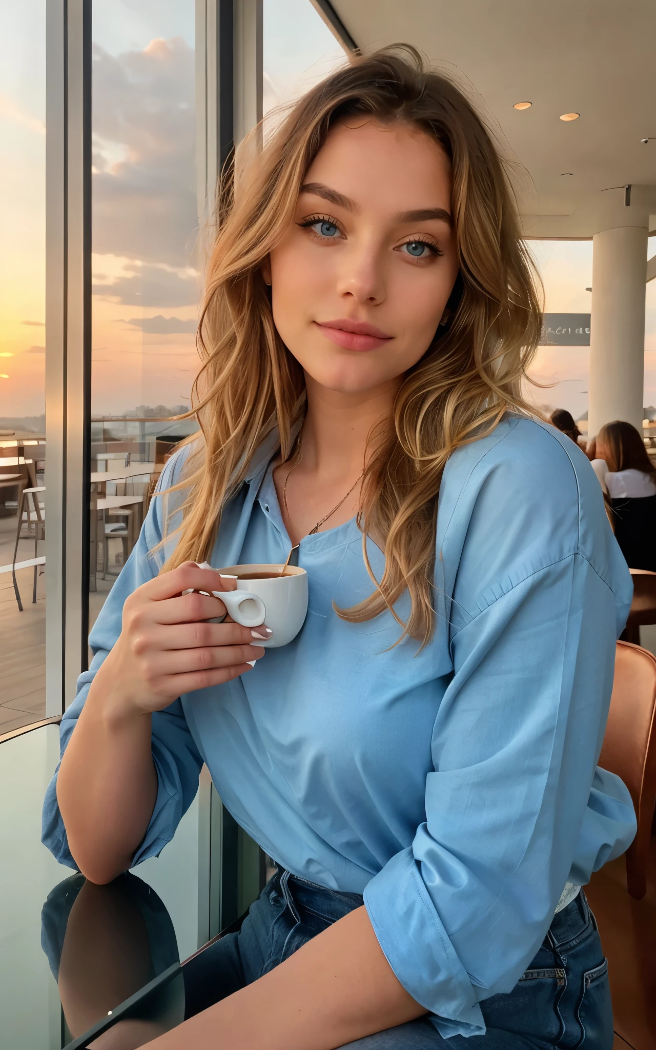 belle blonde portant un pull rose (sipping coffee in a modern cafe at sunset), very detailed, 21 ans, visage innocent, natural wavy hair, blue eye, high resolution, head of'artwork, best quality, intricate details, very detailed, sharpness, detailed skin, realistic skin texture, texture, detailed eyes, Professionnel, 4K, charming smile, shot with Canon, 85mm, shallow depth of field, Kodak Vision Color, corps parfaitement ajusté, extremely detailed, Photo_\(ultra\), photorealistic, realistic, Post-traitement, maximum detail, roughness, real life, ultra realistic, photorealism, la photographie, 8k uh, la photographi