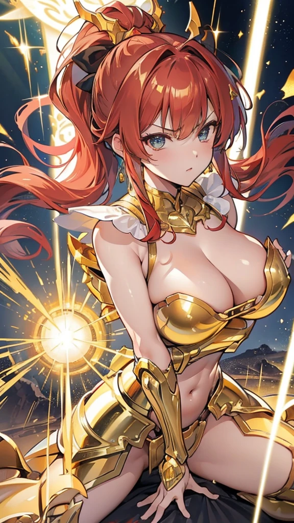 Gold Armor, 4K image, rallies, best quality, masterpiece, movie lighting ,Sexy,Large Breasts,Cleavage,action,In battle,cleavage,anger,noble,Light beams from hands,Golden lightning all around,red hair,ponytail hairstyle,Saint Seiya Leo Aiolia,Wink,lipstick