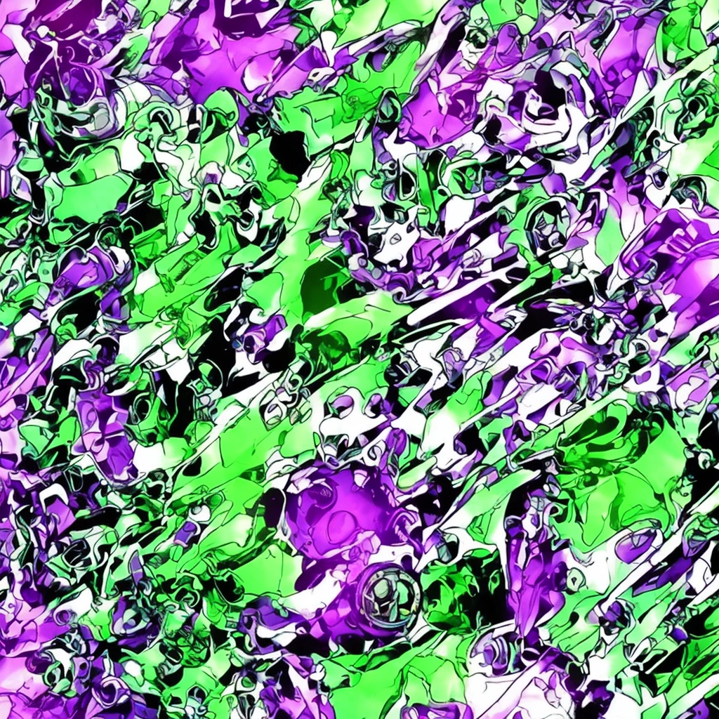 Create an entity. She has a mechanical appearance, with a metallic humanoid body in purple and green colors. Its head is shaped like a helmet, its jaw shaped like a skull, and a metallic horn on the top. Behind, there is a completely white background