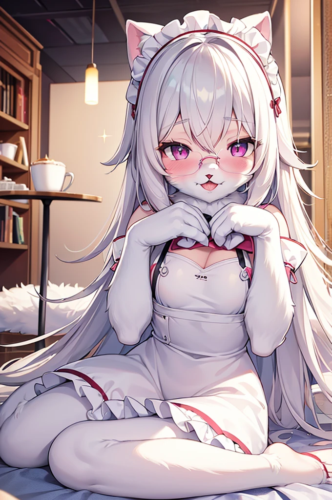 A girl with long white hair with a straight cut and pink eyes, wearing a white bra, a white short skirt, and white pantyhose, sitting on the floor in a sexy session, best quality,best resolution,(fluffy anthro furry :1.6),(young :1.6),cat girl,small breasts,light hair,long hair,wavy hair,curvy hair,light grey fur,pin,glistering eyes,sparkle eyes,circle glasses,heart collar,maid outfit,maid headdress,maid gloves,ruffles,beautiful cafe,white light,looking at viewer,full face blush,horny face,smile,heart eyes,heart expression eyes,open mouth,straddle viewer,girl on top,low angle,front view,heavy breath,hands on viewer