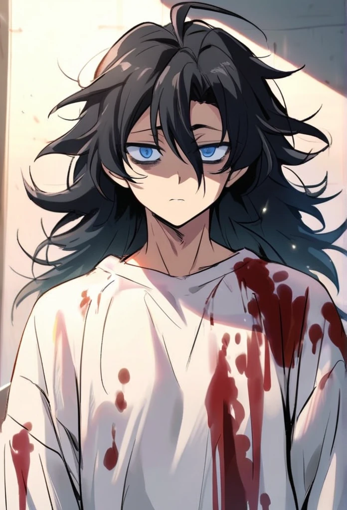 Ecchi anime style, 1 chico, man, black hair, disheveled hair, blue eyes, Dull eyes, Dead eyes, baggy eyes, carefree look, pose sexy, defined body, white sweatshirt, blood stains, shadows,