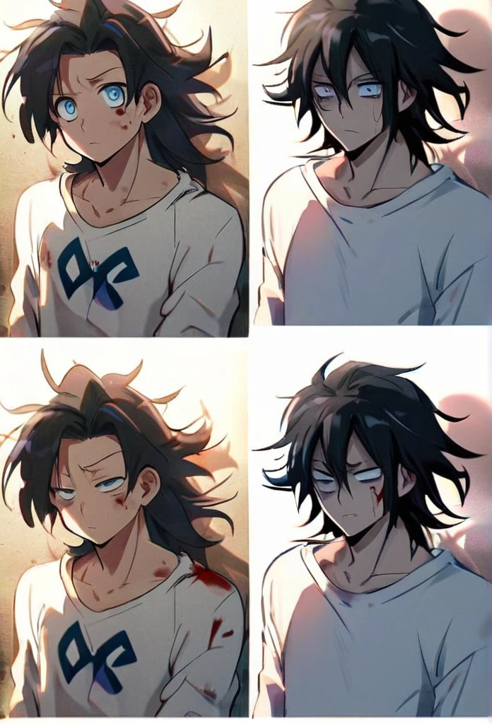 Ecchi anime style, 1 chico, man, black hair, disheveled hair, blue eyes, Dull eyes, Dead eyes, baggy eyes, carefree look, pose sexy, defined body, white sweatshirt, blood stains, shadows,