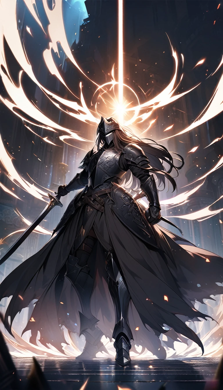 anime fantasy art style, a warrior with long hair, wearing stylish armor complete with black metal plates with white details, wielding two magic swords, one sword is white emitting a sacred light, the other sword is black as night and emitting an aura of darkness, the warrior positions himself to fight. Detailed design, high quality, dynamic light, cinematic BG