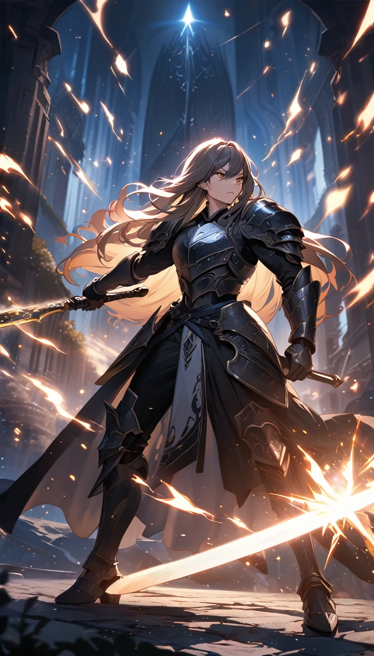 anime fantasy art style, a warrior with long hair, wearing stylish armor complete with black metal plates with white details, wielding two magic swords, one sword is white emitting a sacred light, the other sword is black as night and emitting an aura of darkness, the warrior positions himself to fight. Detailed design, high quality, dynamic light, cinematic BG