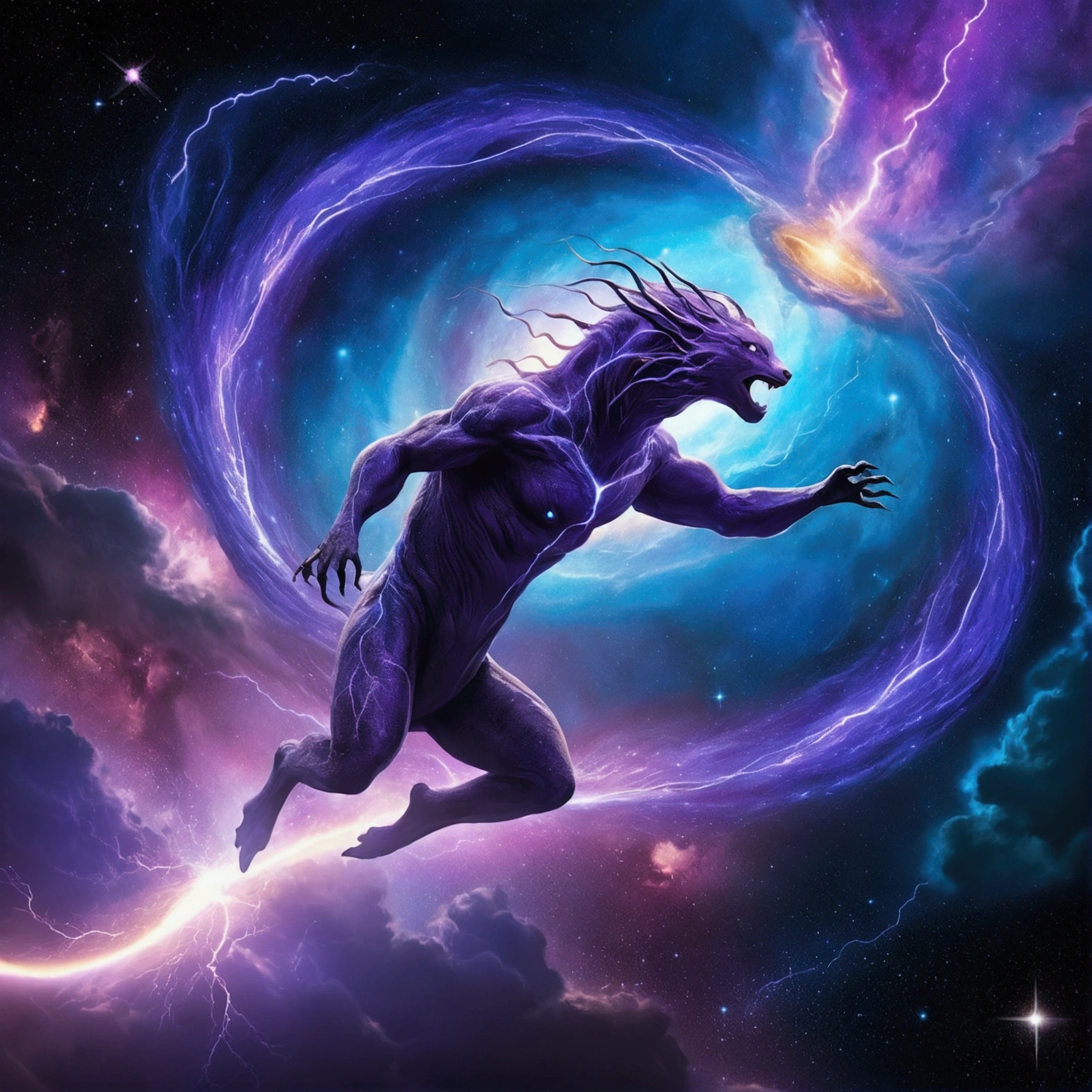 In the vast expanse of the cosmos, a nebula-shaped creature emerges before the serene surface of a distant planet. The creature's ethereal form undulates with an iridescent glow, as if infused with the essence of stardust. Amidst the swirling vortex of blue and purple hues, lightning bolts crackle through the darkness, casting an otherworldly ambiance upon the celestial scene.