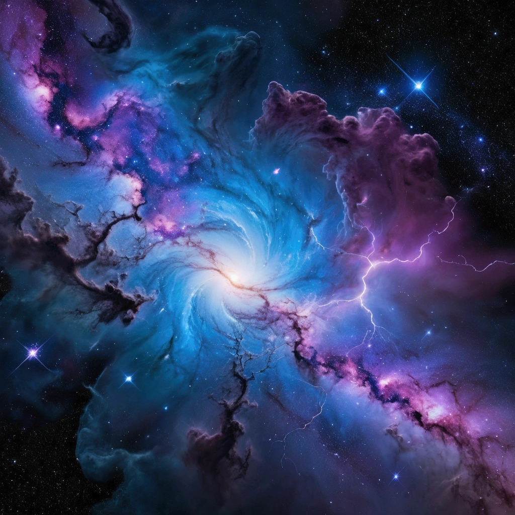 In the vast expanse of the cosmos, a nebula-shaped creature emerges before the serene surface of a distant planet. The creature's ethereal form undulates with an iridescent glow, as if infused with the essence of stardust. Amidst the swirling vortex of blue and purple hues, lightning bolts crackle through the darkness, casting an otherworldly ambiance upon the celestial scene.