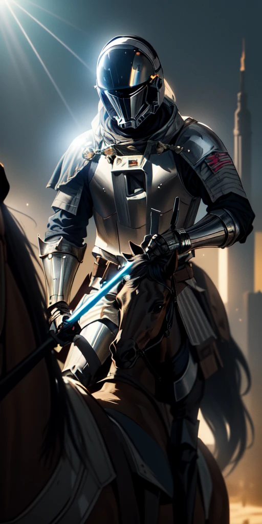 A medieval knight wearing an astronaut helmet, holding a lightsaber in his right hand, mounted on a black horse. The scene is set in the middle of São Paulo city with bright sunlight in the background. Sparks emanate from the knight, and a burst of light comes from the horse's eyes.",
"size": "1792x1024"