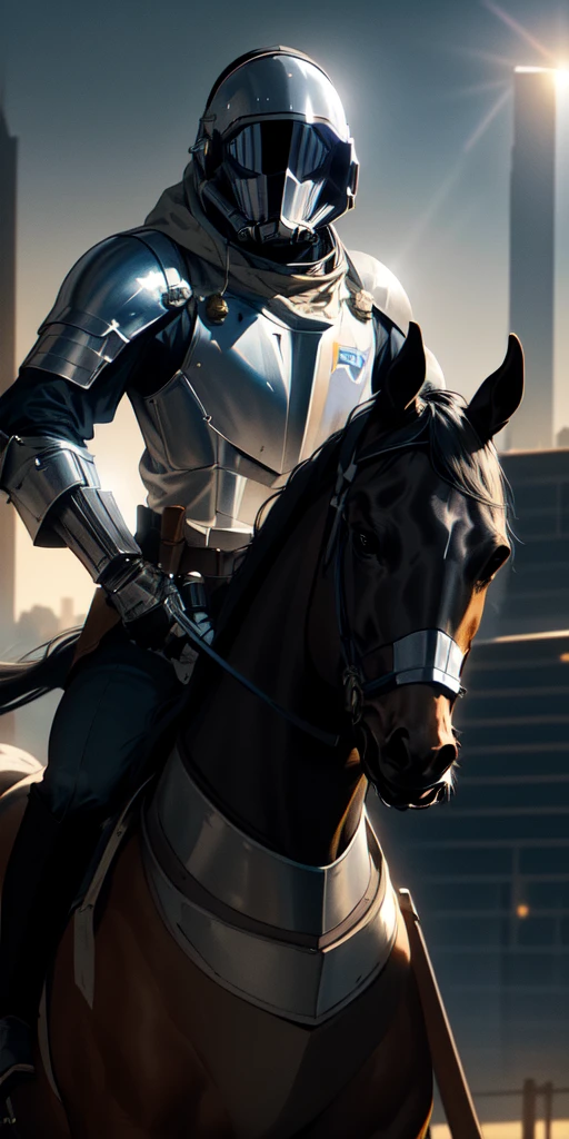 A medieval knight wearing an astronaut helmet, holding a lightsaber in his right hand, mounted on a black horse. The scene is set in the middle of São Paulo city with bright sunlight in the background. Sparks emanate from the knight, and a burst of light comes from the horse's eyes.",
  "size": "1792x1024"