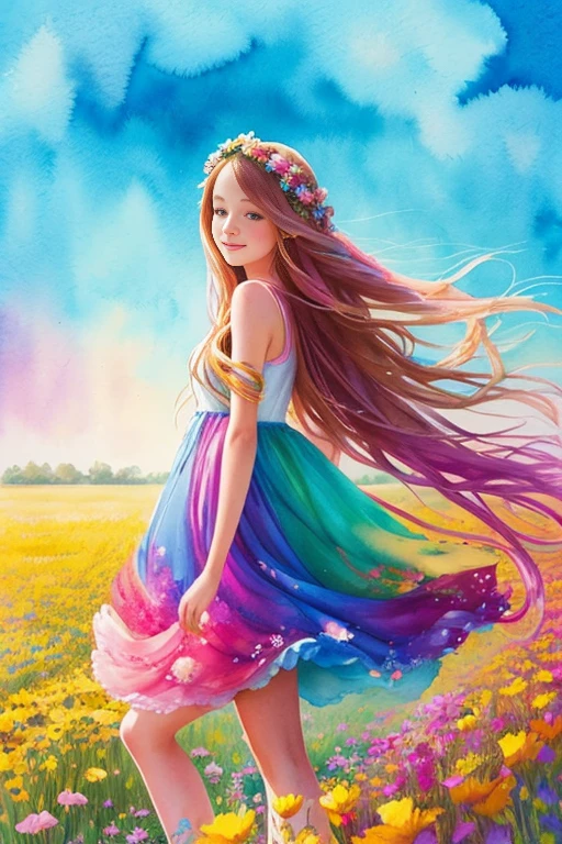 A whimsical girl with long, flowing hair made of flowers, dancing in a field of vibrant colors. Rendered in a dreamy, watercolor style.