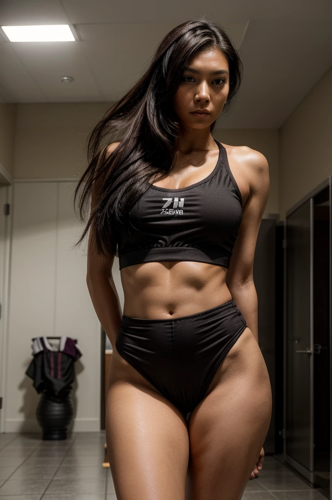 [[((young attractive Singaporean woman with strong Chinese Asian influence, a brown tanned complexion, long straight dark black hair, striking almond-shaped dark brown eyes, and a  frame:1.6)), ((Sophie Tan:1.5)), in a girls’ locker room after a gym session. She is standing in front of a locker, changing clothes. Sophie is wearing a see-through white top and tight, sexy short bottoms, visibly sweaty from her workout. Her gym outfit is sleek and form-fitting, highlighting her toned physique. The background features modern locker room facilities with clean lines and an upscale design. The scene is captured with a ((full-frame DSLR:1.4)) using a ((24-70mm zoom lens:1.4)) to keep Sophie in sharp focus while the background is slightly blurred. Professional studio lighting enhances her natural features and sweat effects. The image should be in ((8K resolution:1.5)) with ((hyper-realistic detail:1.6)). The focus is entirely on Sophie’s athletic form, her stylish gym attire, and the changing room setting, capturing her in a moment of transition.]]
