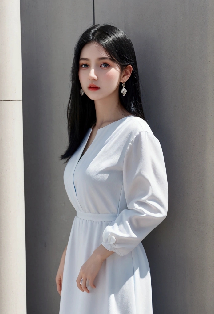 1 woman, black hair, blue pupils, delicate face, cute, love earrings, white dress, standing in front of the police station, surreal