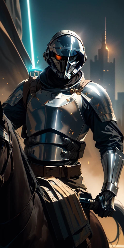 A medieval knight wearing an astronaut helmet, holding a lightsaber in his right hand, mounted on a black horse. The scene is set in the middle of São Paulo city with bright sunlight in the background. Sparks emanate from the knight, and a burst of light comes from the horse's eyes.",
  "size": "1792x1024"