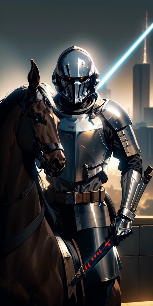 A medieval knight wearing an astronaut helmet, holding a lightsaber in his right hand, mounted on a black horse. The scene is set in the middle of São Paulo city with bright sunlight in the background. Sparks emanate from the knight, and a burst of light comes from the horse's eyes.",
"size": "1792x1024"