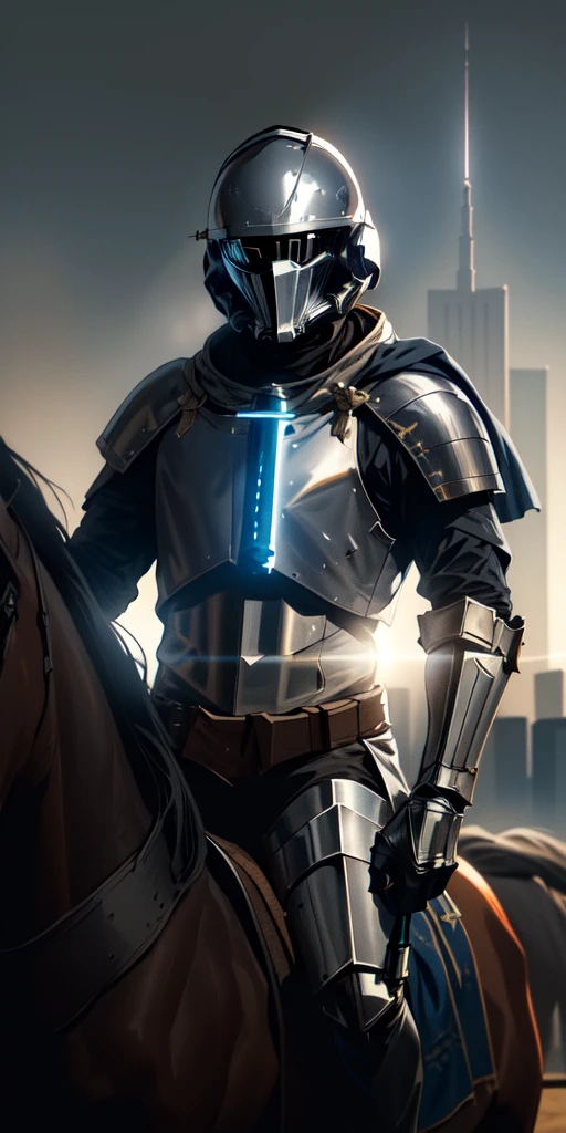 A medieval knight wearing an astronaut helmet, holding a lightsaber in his right hand, mounted on a black horse. The scene is set in the middle of São Paulo city with bright sunlight in the background. Sparks emanate from the knight, and a burst of light comes from the horse's eyes.",
"size": "1792x1024"