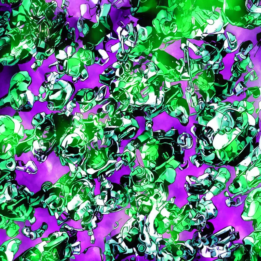 Create an entity. She has a mechanical appearance, with a metallic humanoid body in purple and green colors. Its head is shaped like a helmet, its jaw shaped like a skull, and a metallic horn on the top. Behind, there is a completely white background