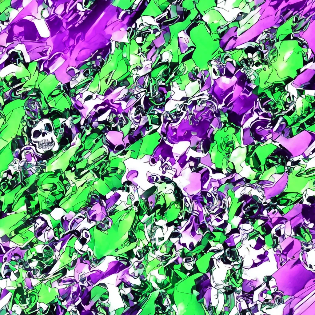 Create an entity. She has a mechanical appearance, with a metallic humanoid body in purple and green colors. Its head is shaped like a helmet, its jaw shaped like a skull, and a metallic horn on the top. Behind, there is a completely white background
