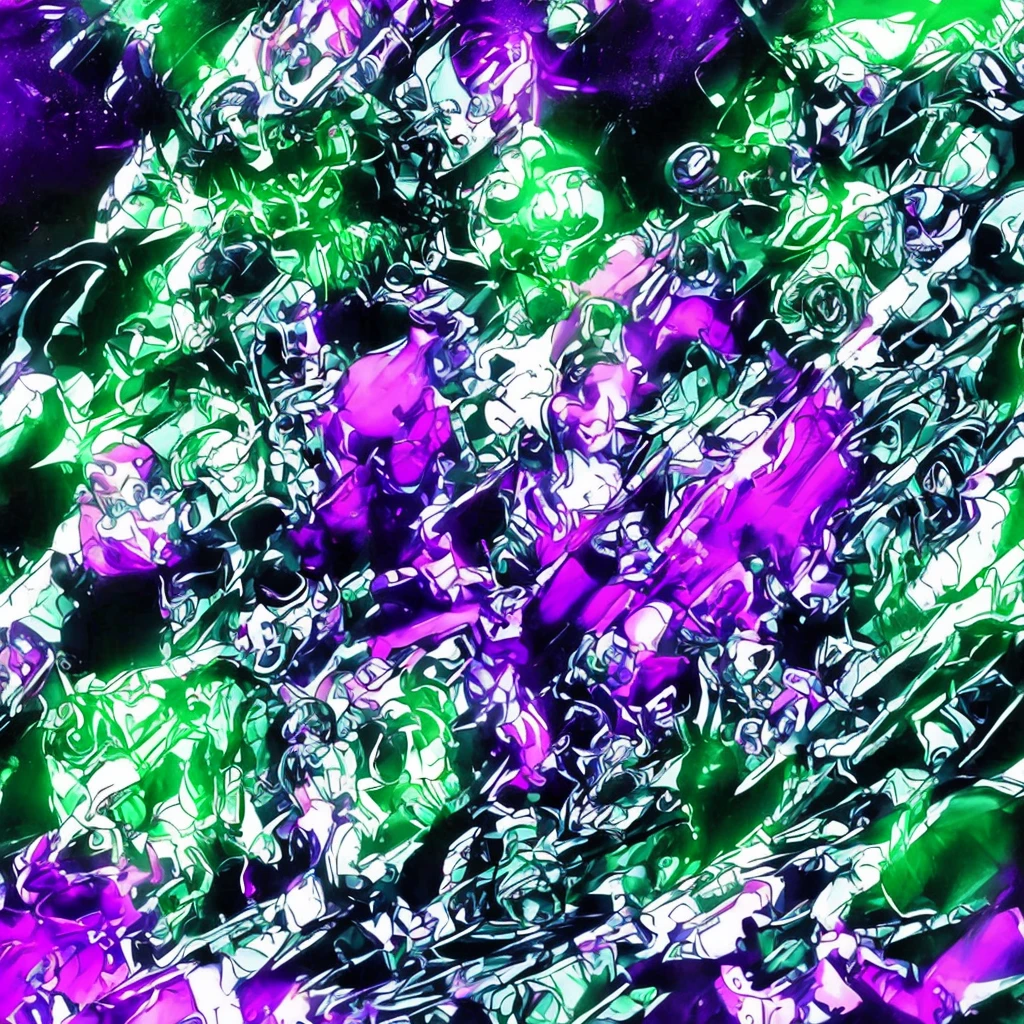 Create an entity. She has a mechanical appearance, with a metallic humanoid body in purple and green colors. Its head is shaped like a helmet, its jaw shaped like a skull, and a metallic horn on the top. Behind, there is a completely white background