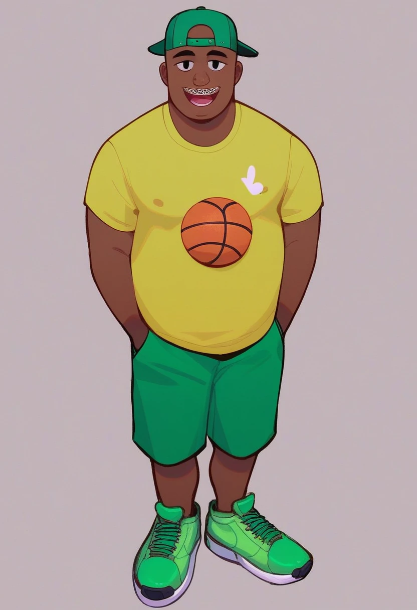 joseph, looking at viewer, smile, open mouth, simple background, shirt, 1boy, hat, standing, full body, male focus, dark skin, dark-skinned male, braces, dark green backward baseball cap, light green t-shirt with basketball on center, darker green shorts, light green shoes. black eyes, no eyebrows, bald