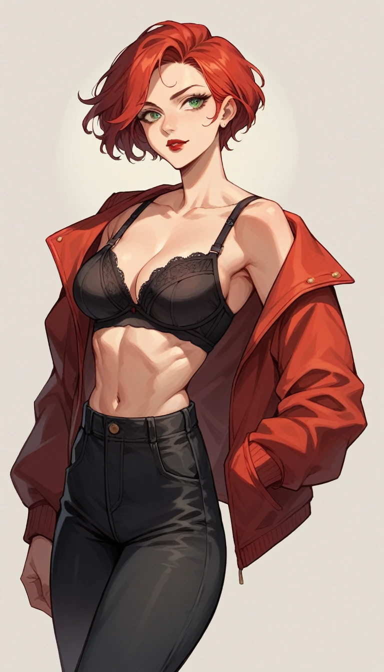beautyfull red hair woman, short hair, mature, slender body, red jacket, black pants, black bra, red lipstick, green eyes
