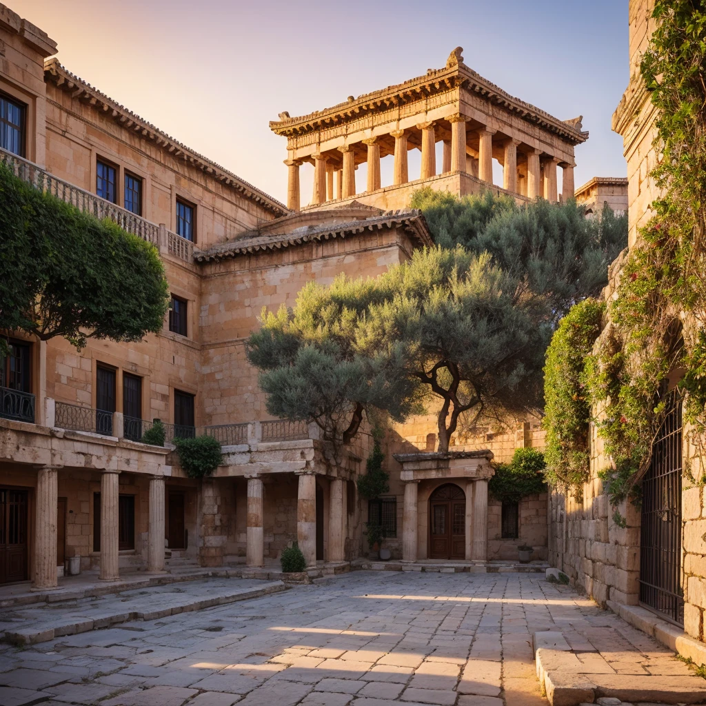 Imagine a panoramic view of an ancient Greek city at sunset. The buildings are made of light-colored stone, reflecting the day's last rays of sunlight, with terracotta roofs beautifully contrasting against the orange sky. In the city's center, a majestic temple with Doric columns stands out, symbolizing the solidity and durability of Stoic teachings. Narrow, winding streets, paved with uneven stones, snake between simple yet elegant houses. Small gardens and inner courtyards with olive trees and vines add a touch of nature to the urban scene.Near the temple, a bustling agora is full of citizens discussing philosophical ideas and daily practices, reflecting the dynamic and vibrant interaction of the community. On the horizon, hills covered in vegetation rise, providing a natural backdrop that complements human architecture. The sunset's light bathes the city in a golden glow, creating a peaceful and introspective environment, perfect for contemplating Stoic principles.