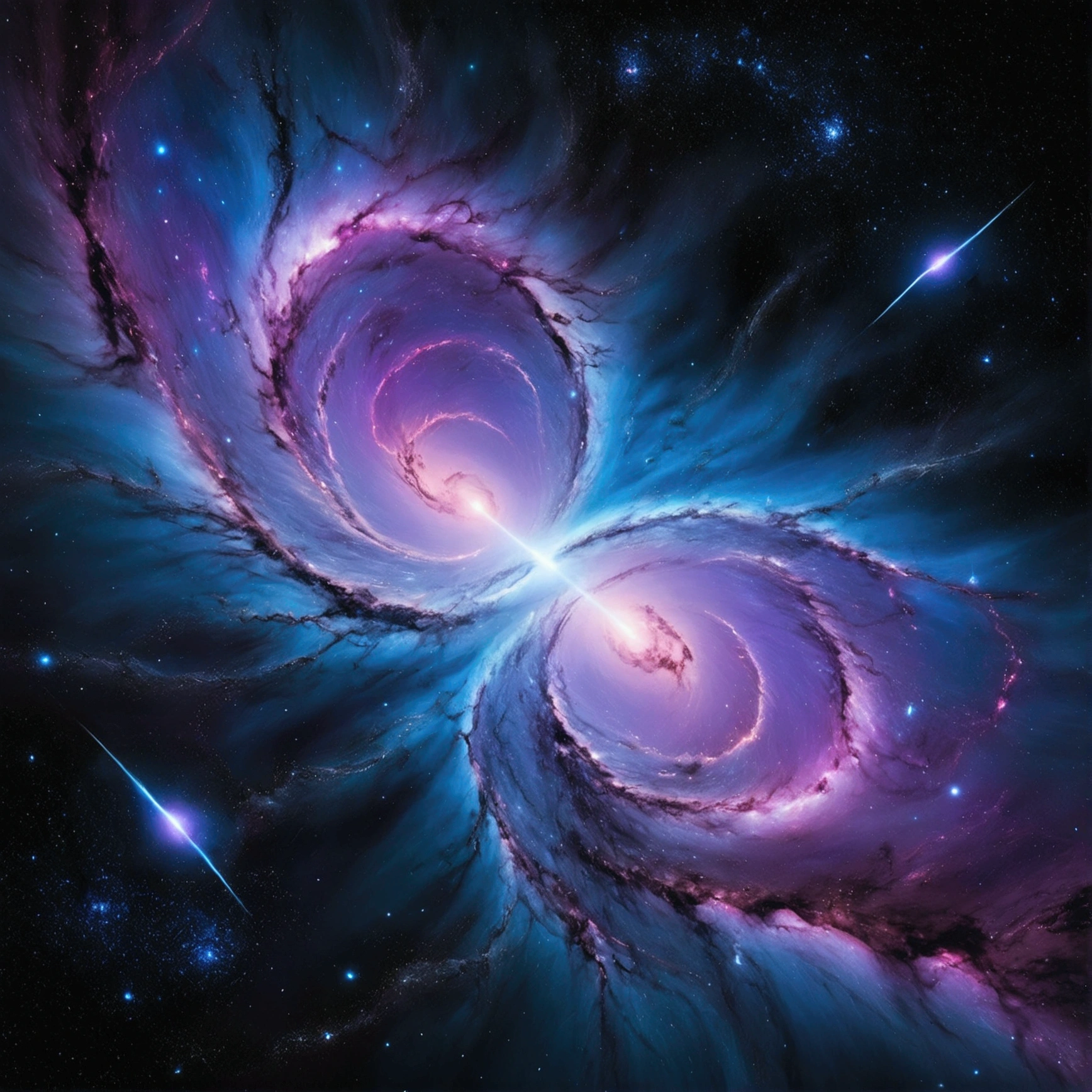 In the vast expanse of the cosmos, a shadow of a nebula-shaped creature emerges before the serene surface of a distant planet. The creature's ethereal form undulates with an iridescent glow, as if infused with the essence of stardust. Amidst the swirling vortex of blue and purple hues, lightning bolts crackle through the darkness, casting an otherworldly ambiance upon the celestial scene.