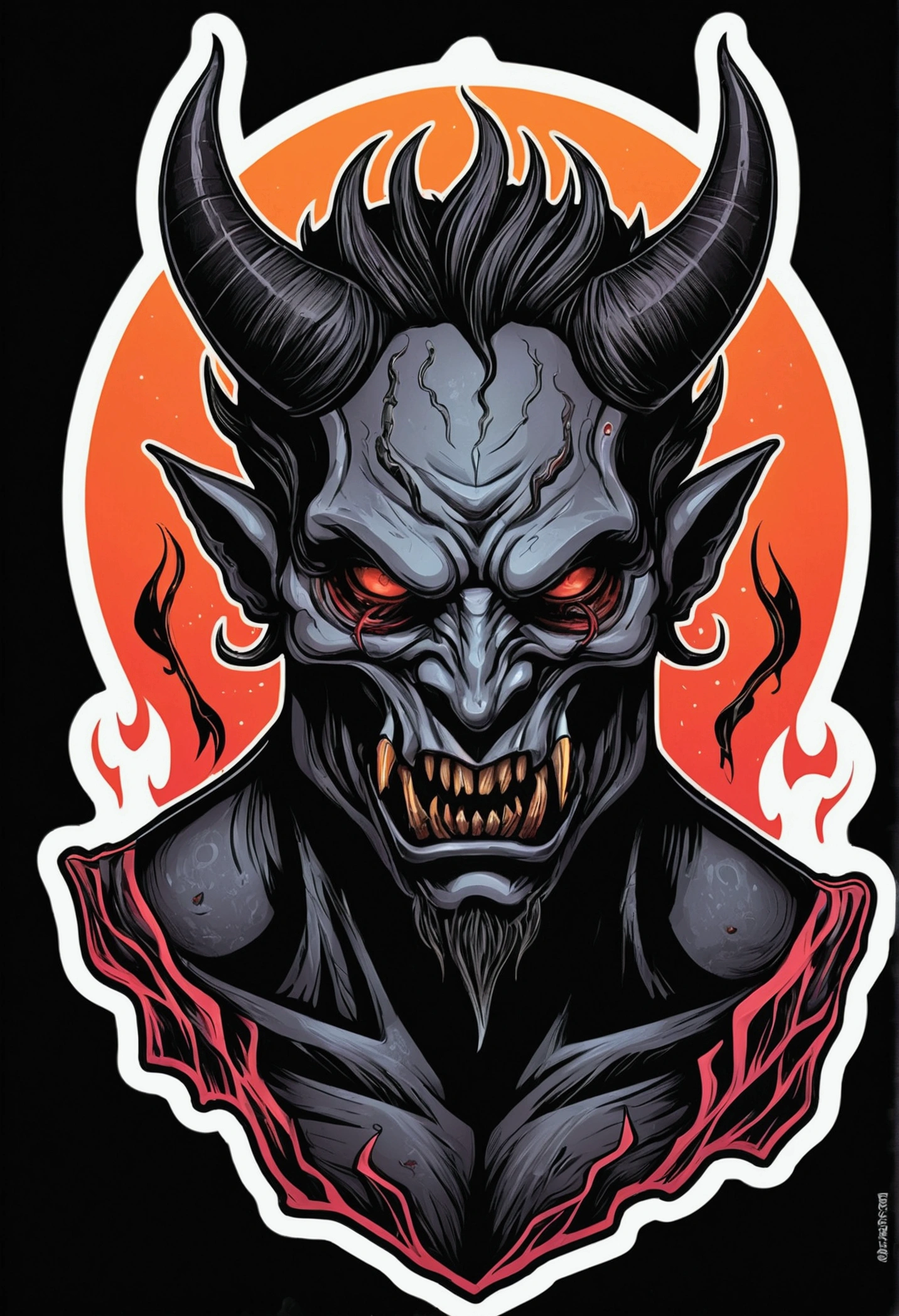 /imagine prompt: demon illustration for a sticker with a black background, in bold outline style, jagged edges, trashcore, light shading --v 5.2