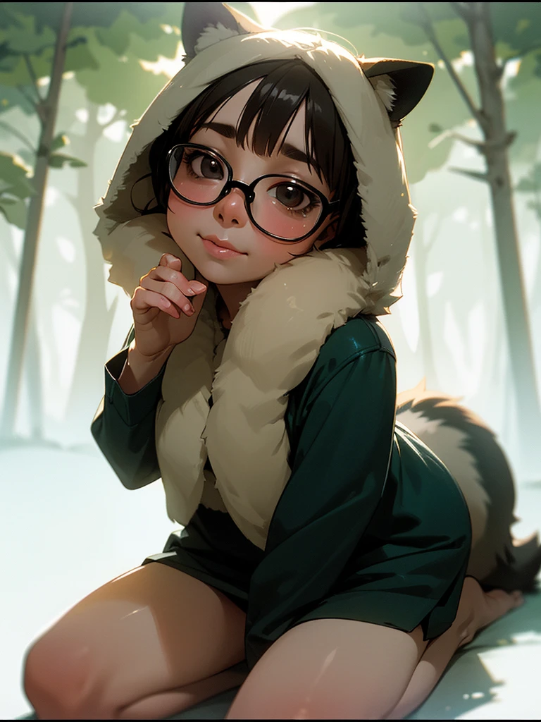 (Sumilux f1.4 75mm , low Latitude old color negative film , cross process , bokeh, flare, chromatic aberration , soft focus, (Shallow focus) , soft glow , Maximum aperture, High Key , Transparent depiction) , realistic female raccoon dog , butter face , two apart melons , Thick-rimmed glasses , in the foggy forest , clothed erotica , Kneeling , looking up to the sky , doggy style , (pee)