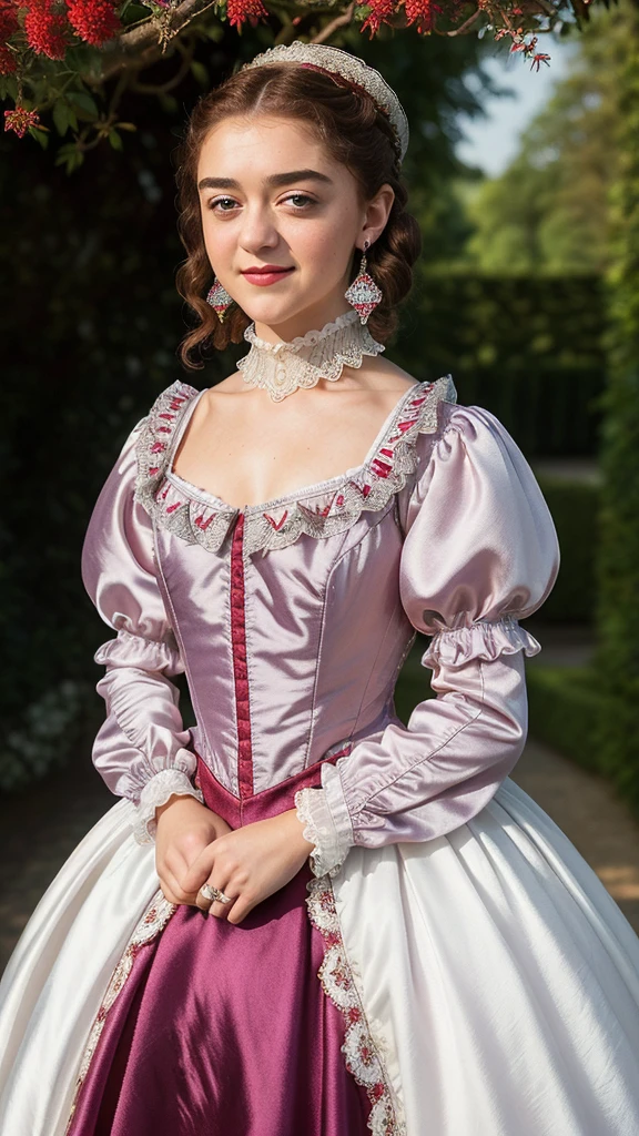 (best quality, 4k, 8k, high res, masterpiece:1.2), ultra-detailed, (photo-realistic:1.37), ((best quality)), ((masterpiece)), (detailed), ((pretty 20-year-old Maisie Williams as a refined little lady from the Elizabethan era standing in a lavish stately garden in brilliant sunshine)), ((enigmatic smile)), perfect eyes, ((beautiful high gloss shiny oiled skin)), ((Spectacular deep purple satin and white lace Elizabethan gown)), ((Elizabethan era hair and make-up)), ((blushed red cheeks)), ((light red lips)), ((full-length body)), ((vibrant colours)),smiling, long eyelashes, big earrings, diamond collar, big breasts, smockey eyes, blue eyes, lipgloss
