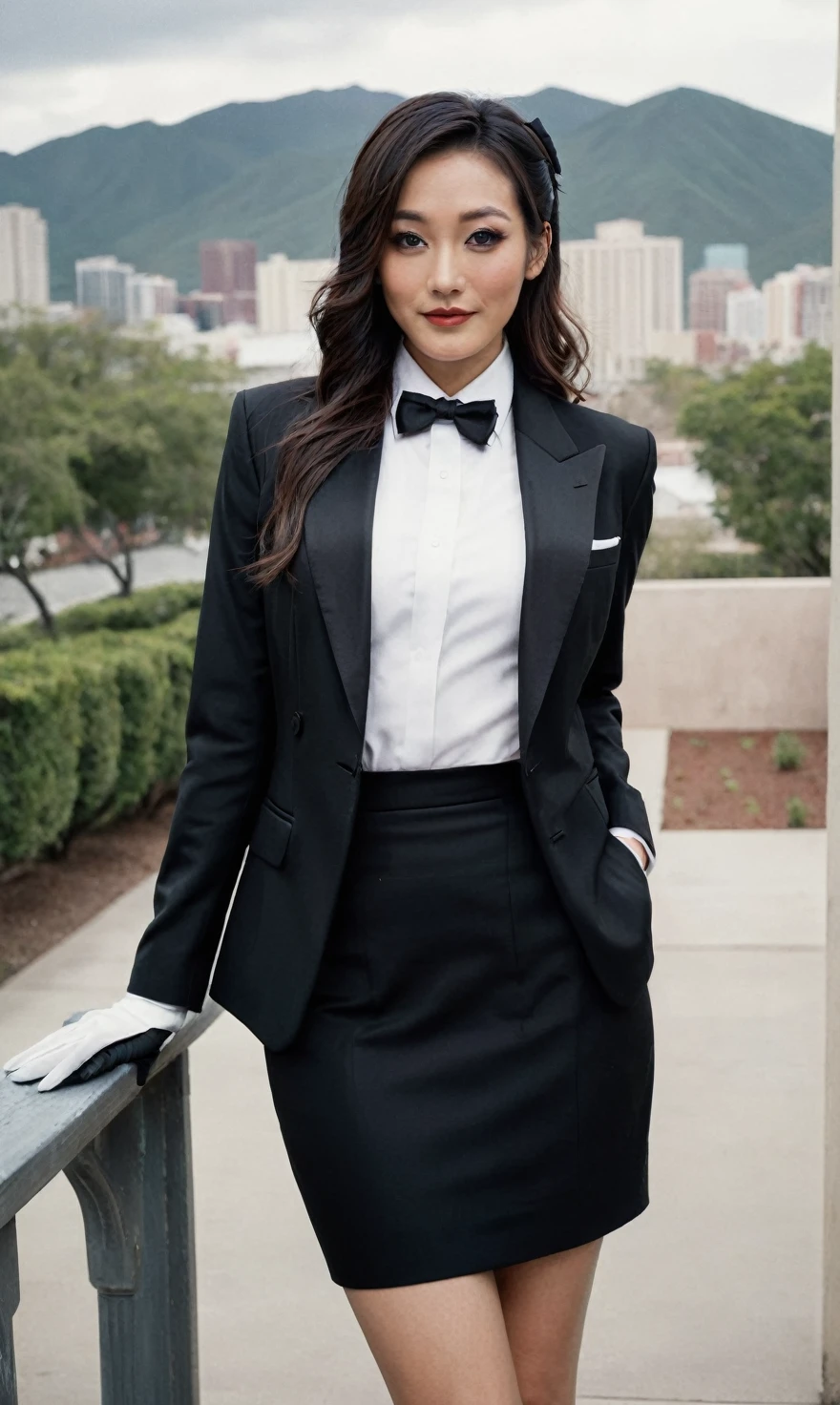 a beautiful picture of fukuharaXL ,woman,detailed skin texture,masterpiece, photorealistic, light, RAW color photo,(fully in frame:1.1), (blush:0.5), (goosebumps:0.5),(((black silk skirt suit))), (((three-piece suit))), (((tuxedo))), (((dress shirt))), (((black bowtie))), (((black blazer))), (((dinner jacket))), (((waistcoat))), double-breasted waistcoat, (((bodycon miniskirt))), pocket square, cufflinks, white gloves,detailed face,outdoors, (smile:0.5), film grain,cinematic lightning,fujifilm ,detailed eyes,camera, smile, office background, hair down, makeup, lipstick, mascara, eyeliner, eyeshadow, silky glossy hair, high heels, pinup pose, slender figure, cummerbund