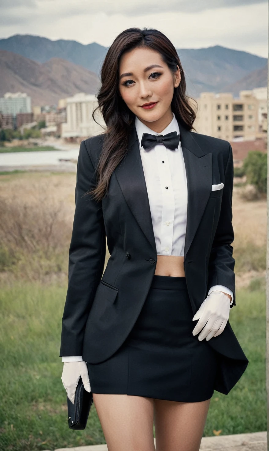 a beautiful picture of fukuharaXL ,woman,detailed skin texture,masterpiece, photorealistic, light, RAW color photo,(fully in frame:1.1), (blush:0.5), (goosebumps:0.5),(((black silk skirt suit))), (((three-piece suit))), (((tuxedo))), (((dress shirt))), (((black bowtie))), (((black blazer))), (((dinner jacket))), (((waistcoat))), double-breasted waistcoat, (((bodycon miniskirt))), pocket square, cufflinks, white gloves,detailed face,outdoors, (smile:0.5), film grain,cinematic lightning,fujifilm ,detailed eyes,camera, smile, office background, hair down, makeup, lipstick, mascara, eyeliner, eyeshadow, silky glossy hair, high heels, pinup pose, slender figure, cummerbund