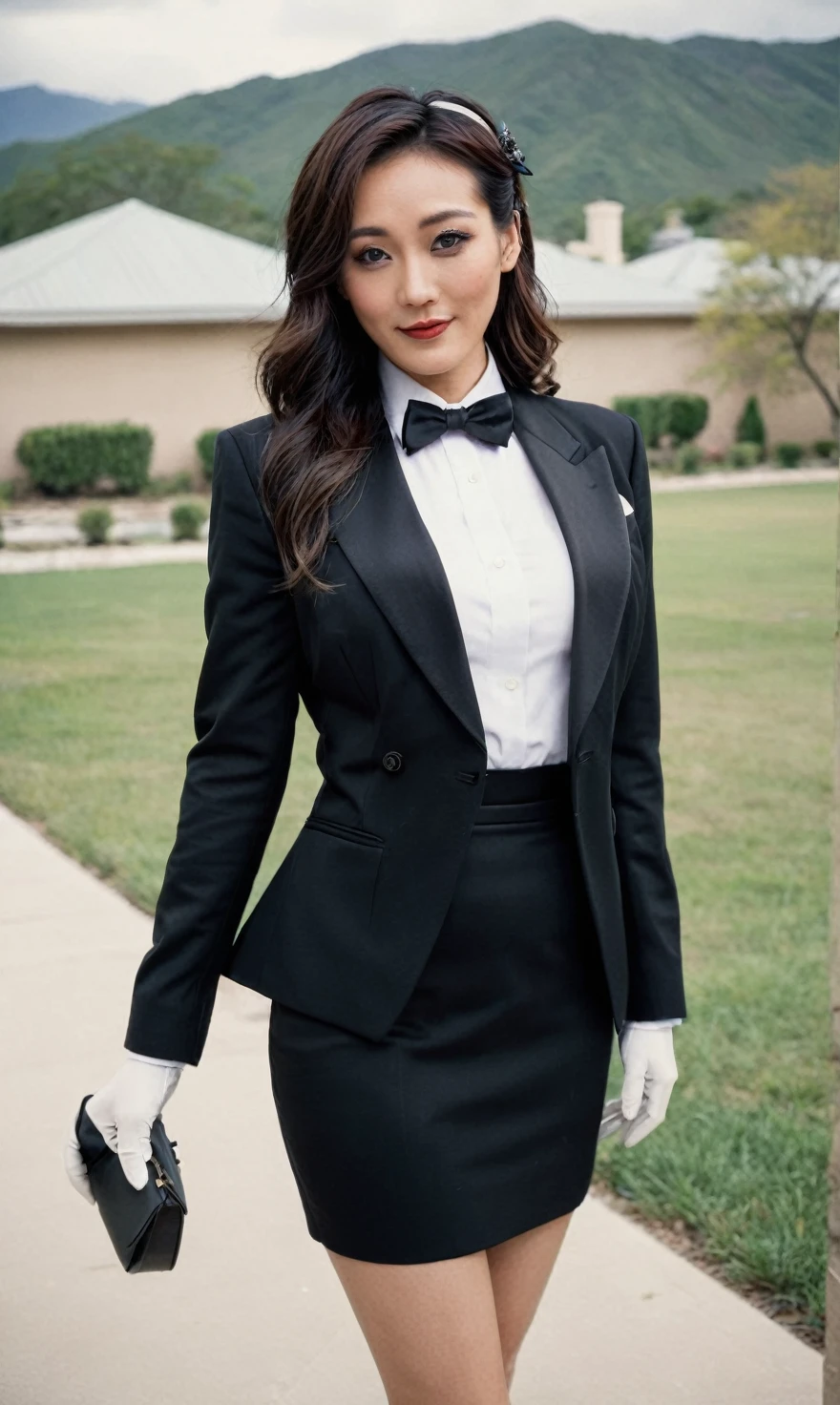 a beautiful picture of fukuharaXL ,woman,detailed skin texture,masterpiece, photorealistic, light, RAW color photo,(fully in frame:1.1), (blush:0.5), (goosebumps:0.5),(((black silk skirt suit))), (((three-piece suit))), (((tuxedo))), (((dress shirt))), (((black bowtie))), (((black blazer))), (((dinner jacket))), (((waistcoat))), double-breasted waistcoat, (((bodycon miniskirt))), pocket square, cufflinks, white gloves,detailed face,outdoors, (smile:0.5), film grain,cinematic lightning,fujifilm ,detailed eyes,camera, smile, office background, hair down, makeup, lipstick, mascara, eyeliner, eyeshadow, silky glossy hair, high heels, pinup pose, slender figure, cummerbund