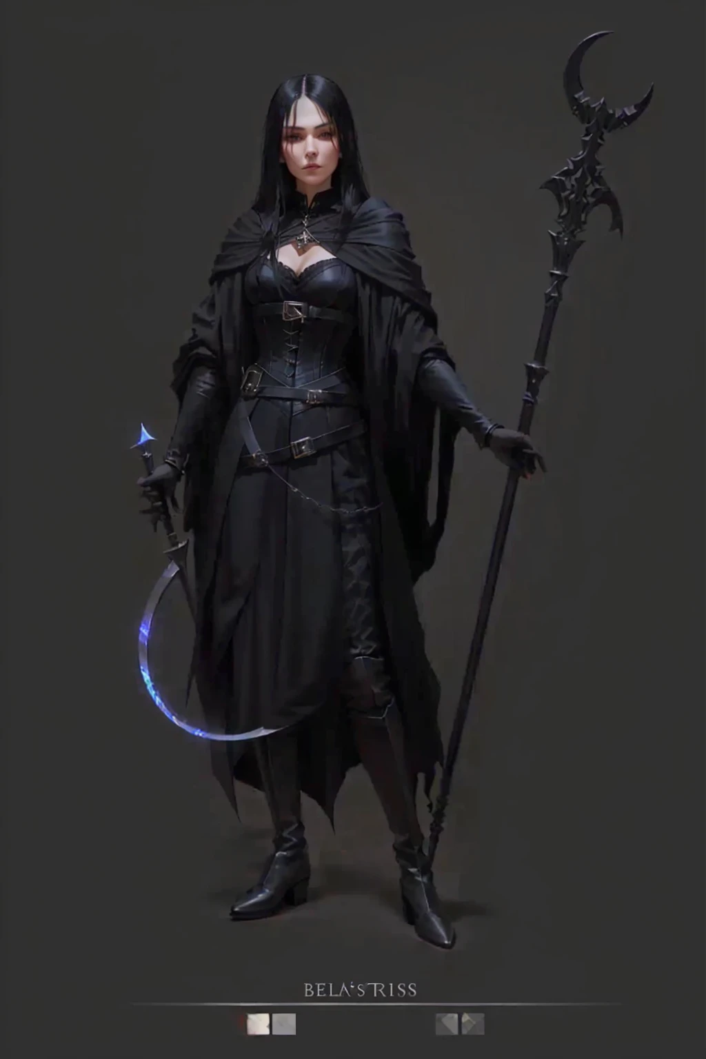 full length, thin sorceress with black hair, in medieval black neat clothes (black robe, a corset, belts, silver jewelry on the neck, high leather boots), holding a sickle in one hand, in another staff with a crescent-shaped pommel, look cute