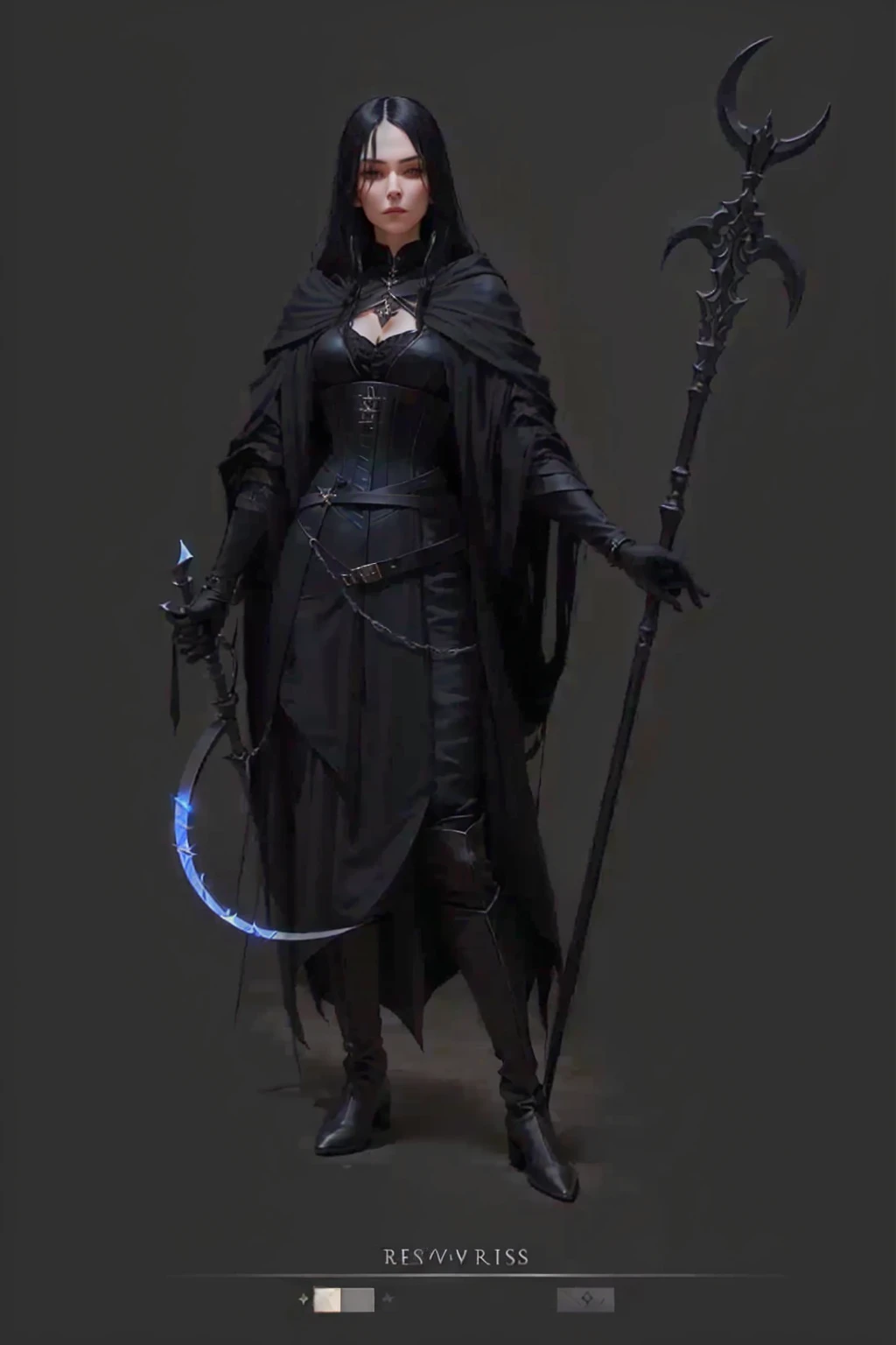 full length, thin sorceress with black hair, in medieval black neat clothes (black robe, a corset, belts, silver jewelry on the neck, high leather boots), holding a sickle in one hand, in another staff with a crescent-shaped pommel, look cute