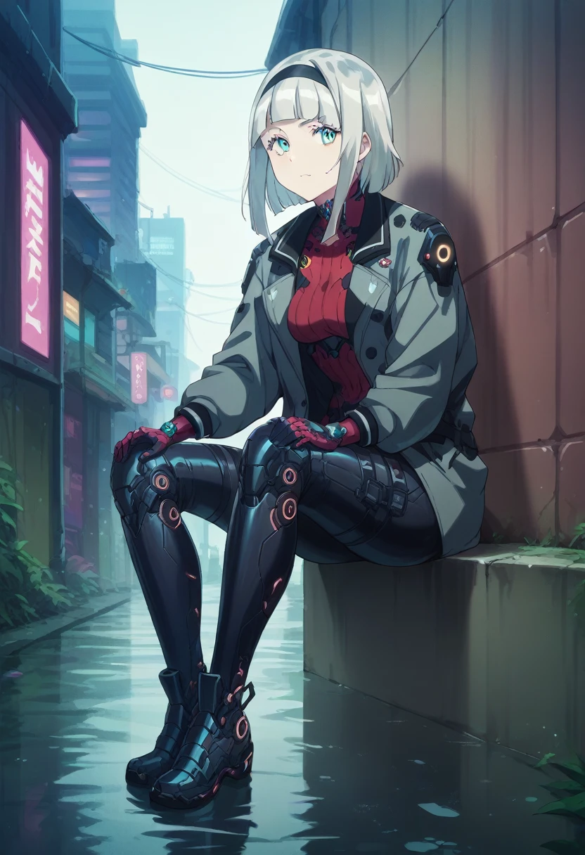 Anna nishikinomiya with the same female body but with black Cyborg armor, from torso to feet, showing the whole body (slim), in a raining alley of a cyberpunk city 