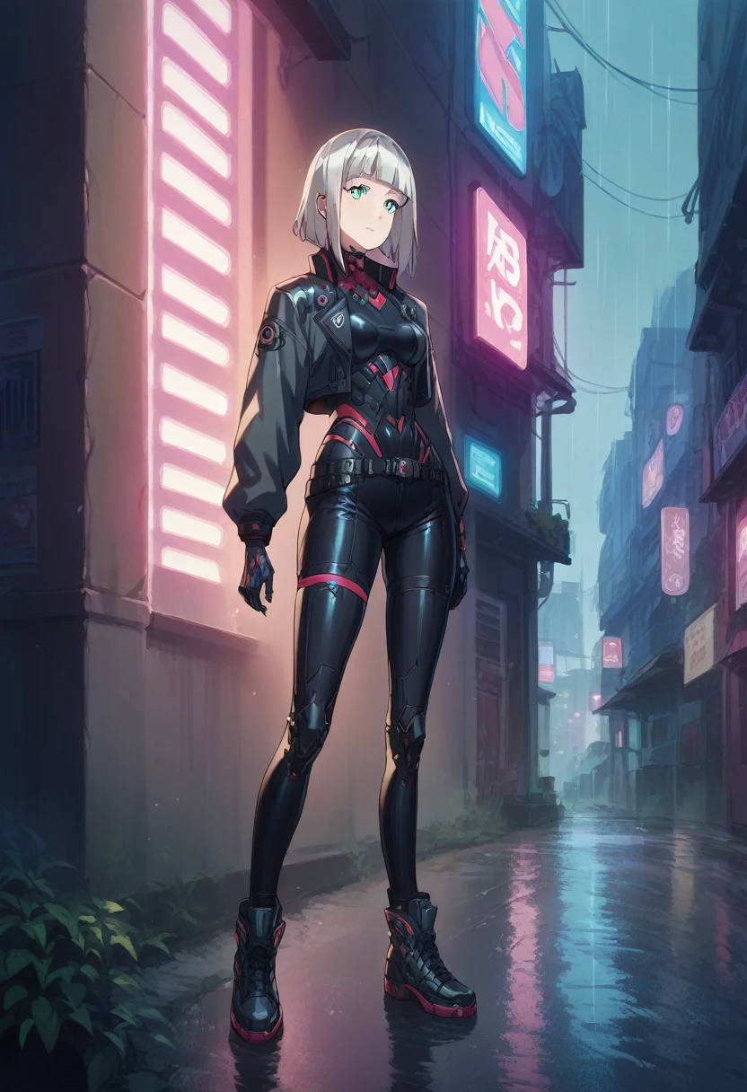 Anna nishikinomiya with the same female body but with black Cyborg armor, from torso to feet, showing the whole body (slim), in a raining alley of a cyberpunk city 