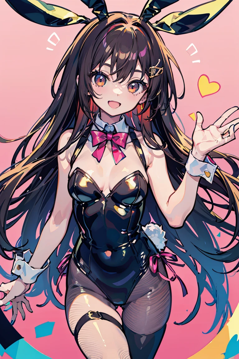 1 girl, sweets, (Bunny girl), (deep々And thanks), Pop atmosphere, cute, Long Hair, Brown Hair, (hair ornaments), Vivid expression, Bright smile, ribbon, Fishnet tights, Shiny garments ,beautiful brown eyes in every detail, (Heart shaped eyes), Pastel pink background,18-year-old, Colorful Hair, Straight hair, beautiful, Shining Eyes, Romanticism, modern art, Impressionism, reflected light, 8k, masterpiece, Advanced Details, Highest quality, Accurate anatomy